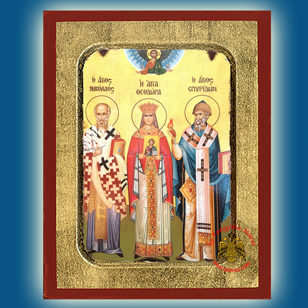 Saints Nicholas Theodora Spyridon Byzantine Wooden Icon