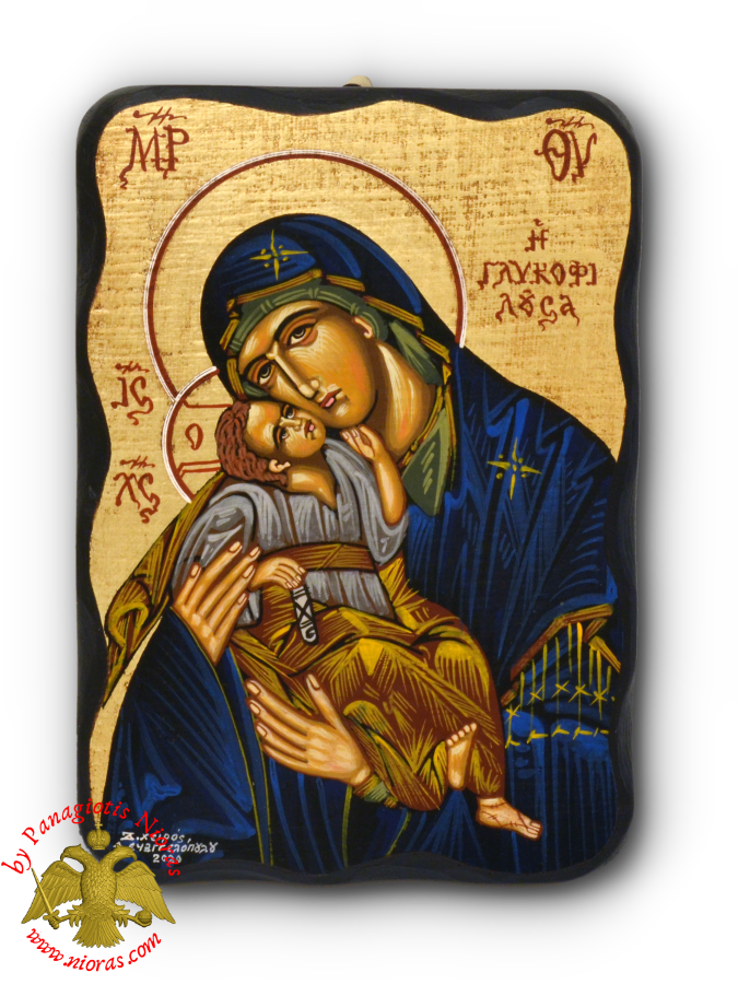 Hagiography Icon Panagia Sweet Kissing on Natural Carved Wood 14x20cm