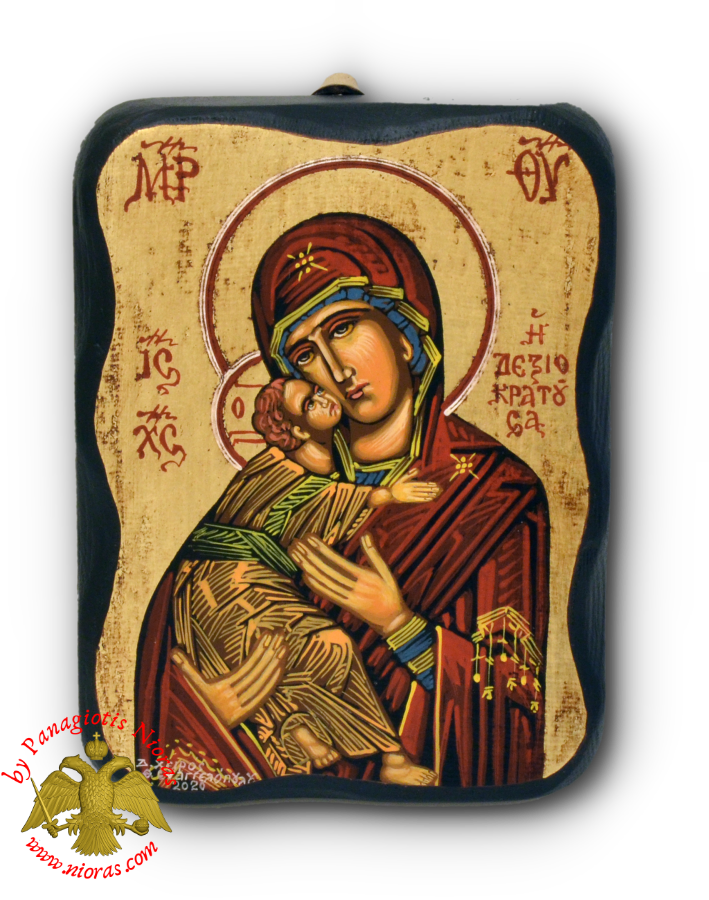 Hagiography Icon Panagia with Christ on Natural Carved Wood  10x13cm