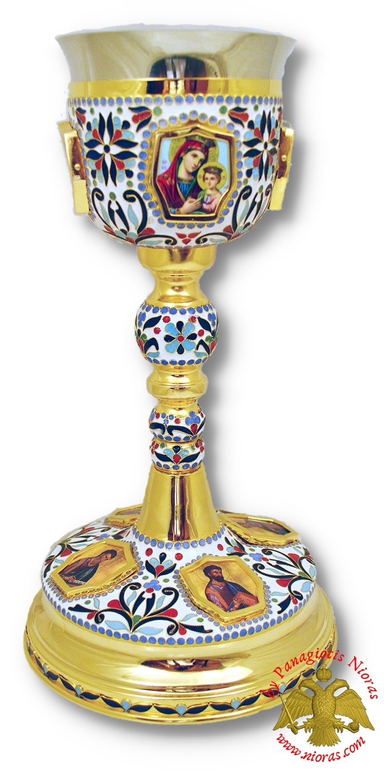 Orthodox Holy Communion Enamel Cup 0.5 lt Capacity with Holy Icons Frames Gold Plated 33x15cm