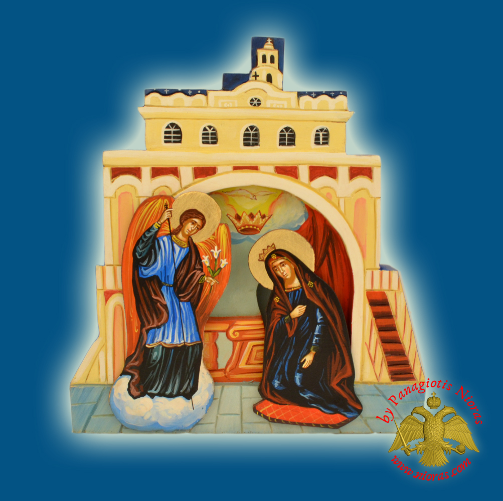 Hand Made Byzantine Annunciation of Theotokos of Tinos Painted Wooden Icon with Electric Light