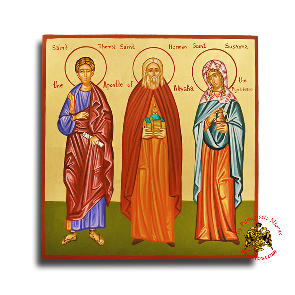 Hagiography Byzantine Hand Painted Icon St.Thomas, St.Herman and St.Susanna 30x30cm <b>Special Order Request </b>