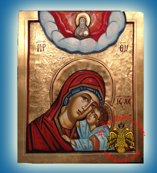 Hagiography Panagia Theotokos With God Hand Painted Hand Carved Wooden Icon 33x37cm