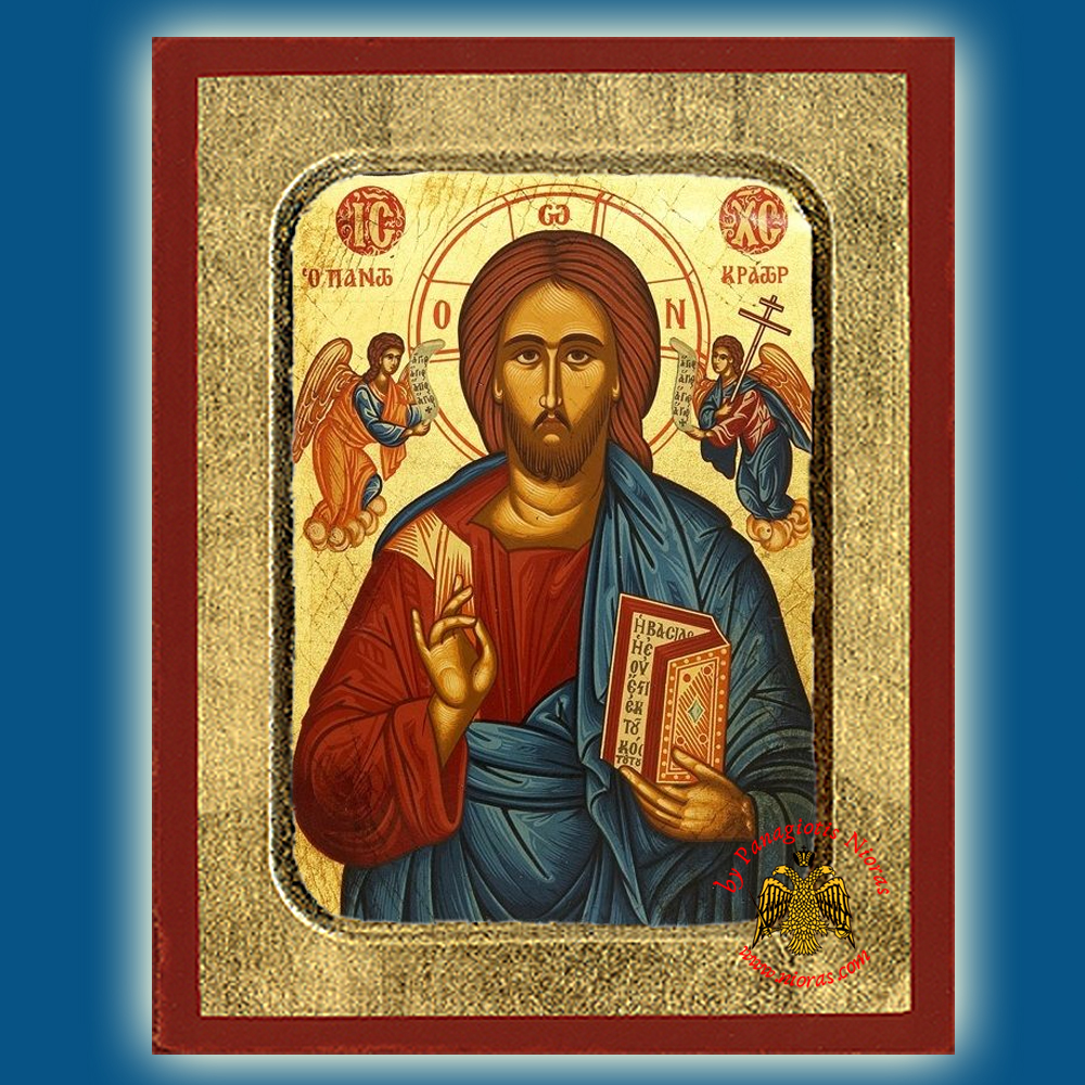 Christ The Pantokrator Blue Dress Holy Deisis Byzantine Wooden Icon on Canvas
