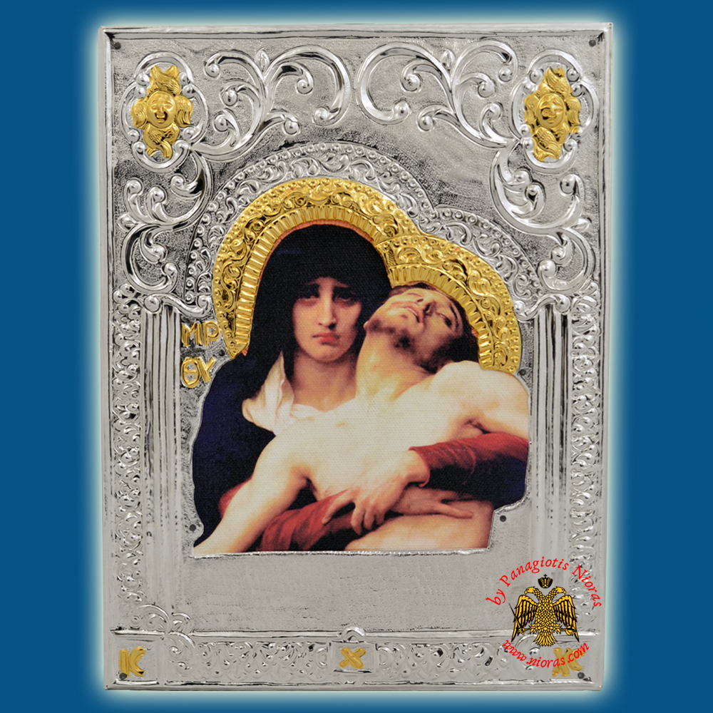 Holy Theotokos with Christ Printed Canvas Silver Sterling 925 Metal Icon with Gold Plated Details <b> Private Client Order </b>