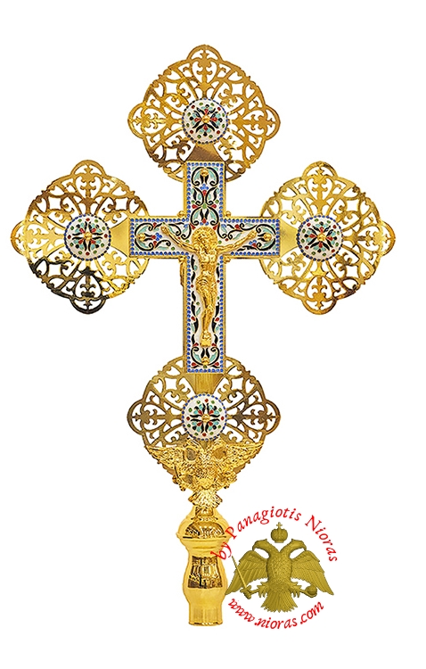 Orthodox Ecclesiastical Gold Plated with Enamel Fine Detailed Cross