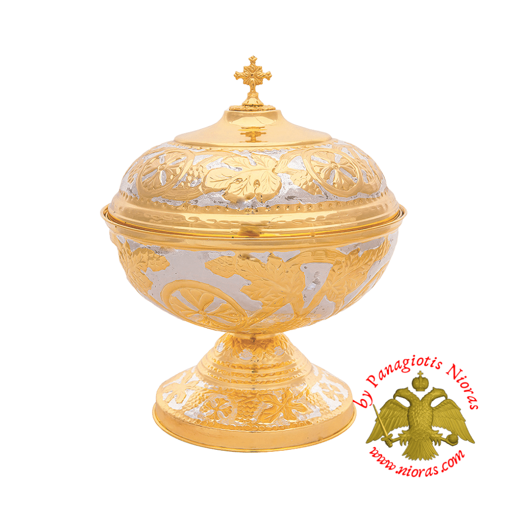 Andidoron Bowl with Enamel Decor for Holy Prosphoron Bread Gold Plated 40x42cm