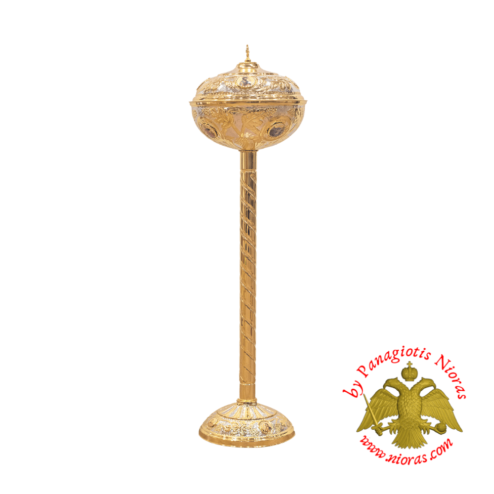Andidoron Bowl with Enamel Decor for Holy Prosphoron Bread with Standing Base Gold Plated