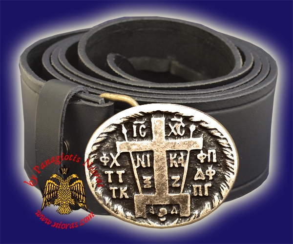 Monastic Orthodox Leather Belt with Metal Buckle with Cross ICXC Nickel Antique