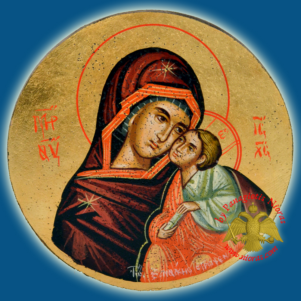 Orthodox Hand Painted Holy Icon Theotokos Sweet Kissing d:18cm Golden BackGround on Old Natural Wood