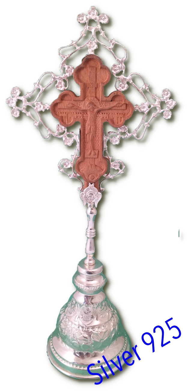 Silver 925 Metal Orthodox Blessing Cross with Wooden Hand Carved Christ Figure Hand Made in Greece