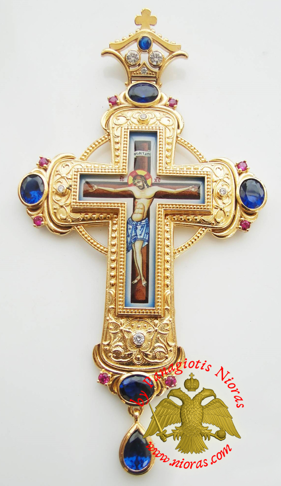 Orthodox Christ Pectoral Cross Brass Gold Plated with Semi Precious Stones 8x13cm - 325