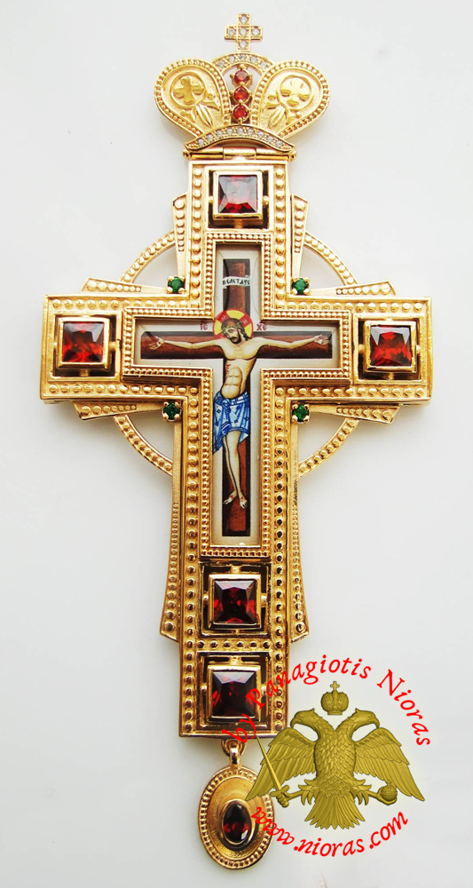 Orthodox Christ Pectoral Cross Brass Gold Plated with Semi Precious Stones 8x16cm - 327