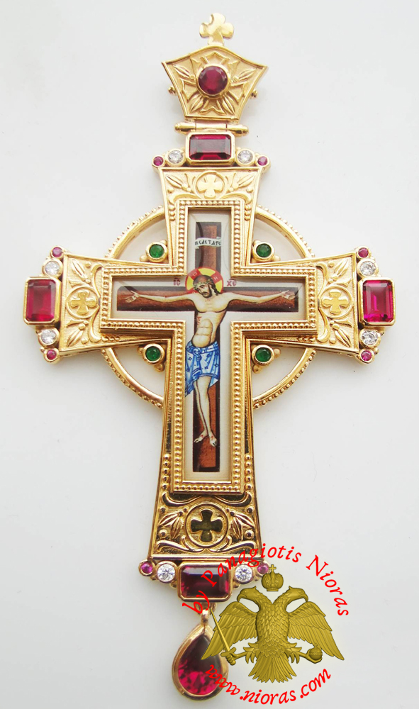 Orthodox Christ Pectoral Cross Brass Gold Plated with Semi Precious Stones 8x16cm - 328