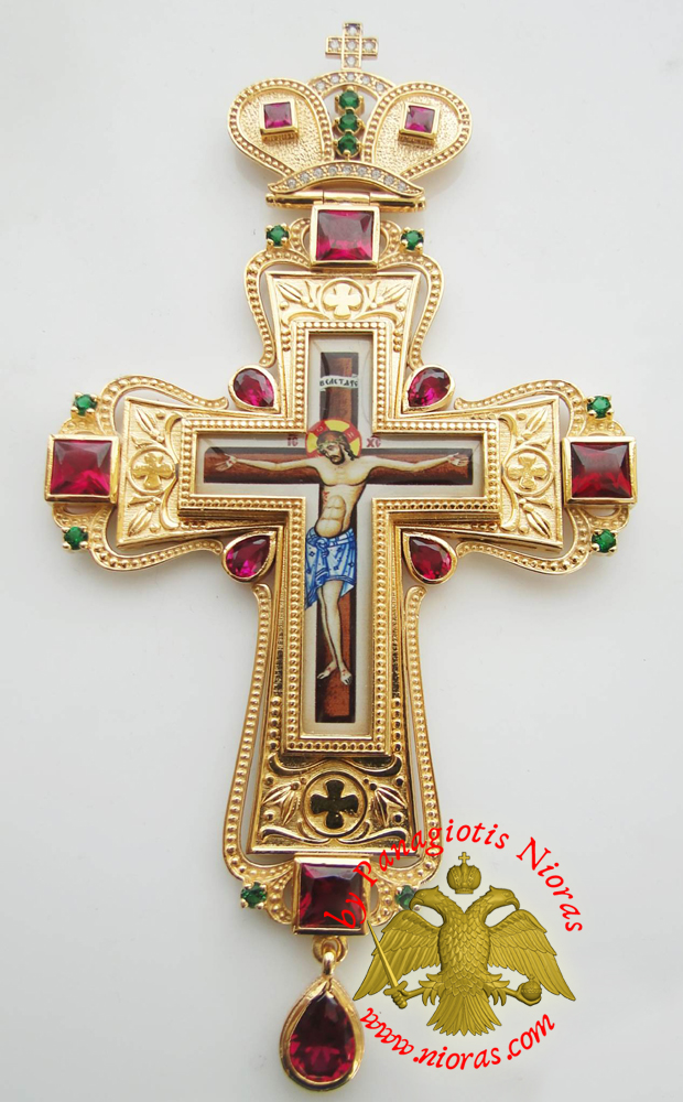 Orthodox Christ Pectoral Cross Brass Gold Plated with Semi Precious Stones 8x16cm - 329