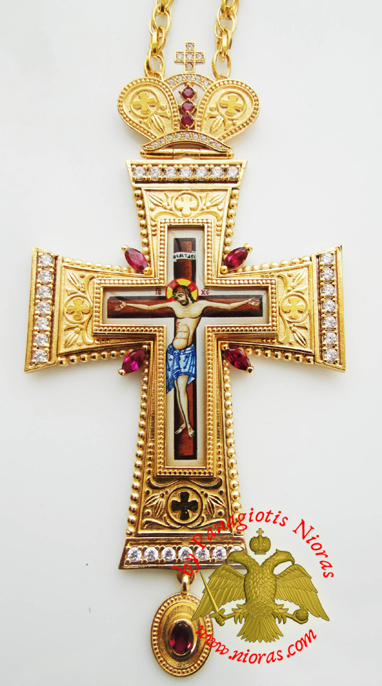 Orthodox Christ Pectoral Cross Brass Gold Plated with Semi Precious Stones 8x16cm - 330