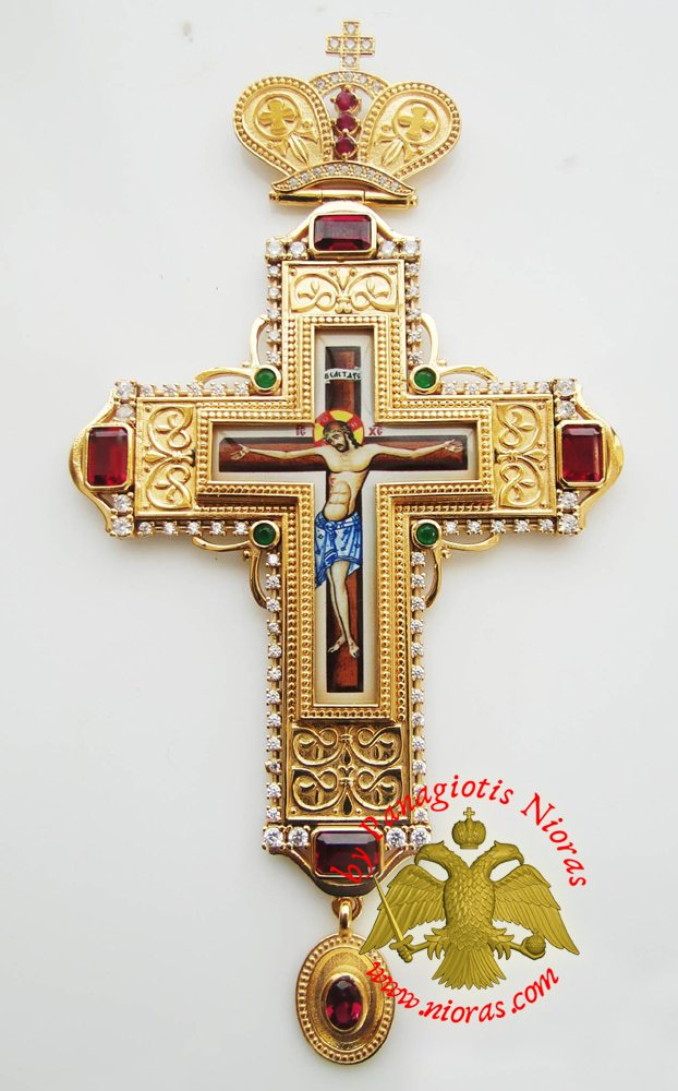 Orthodox Christ Pectoral Cross Brass Gold Plated with Semi Precious Stones 8x16cm - 331