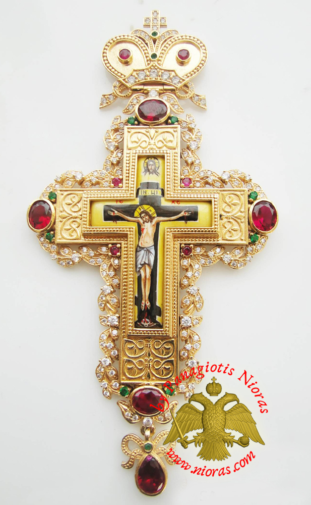 Orthodox Christ Pectoral Cross Brass Gold Plated with Semi Precious Stones 8x16cm - 332