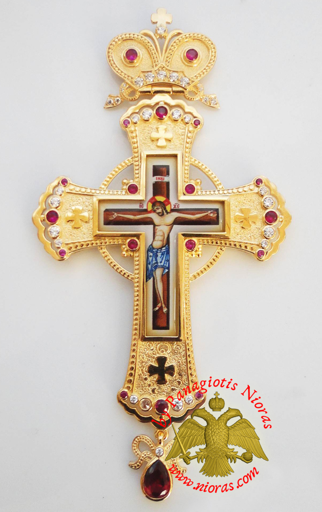 Orthodox Christ Pectoral Cross Brass Gold Plated with Semi Precious Stones 8x16cm - 358