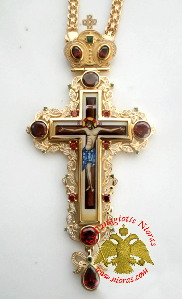 Orthodox Christ Pectoral Cross Brass Gold Plated with Semi Precious Stones 6,5x14cm - 430