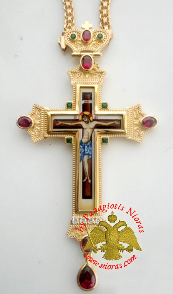 Orthodox Christ Pectoral Cross Brass Gold Plated with Semi Precious Stones 8x16cm - 431