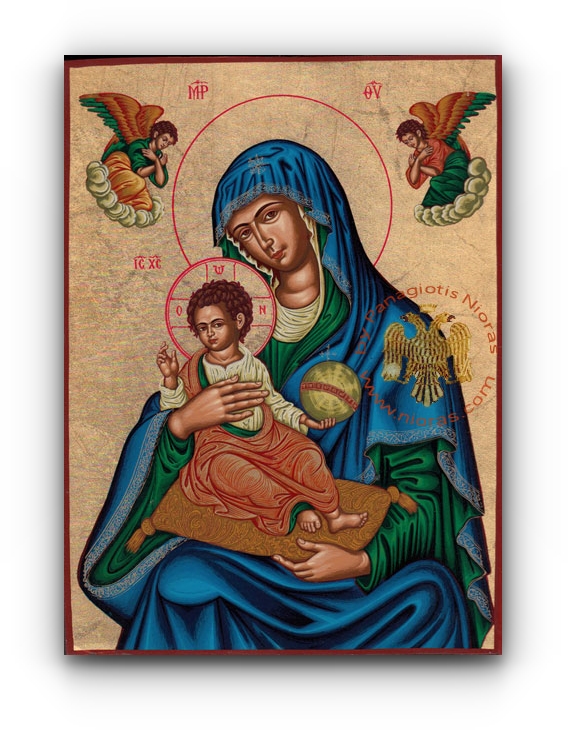 Holy Virgin Mary Mercifull of Corfu Blue Dress Byzantine Wooden Icon on Canvas