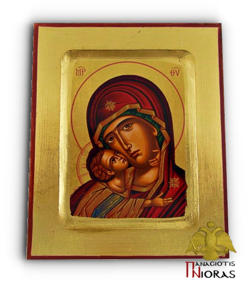 Holy Virgin Mary Mersiful Red Details Byzantine Wooden Icon on Canvas