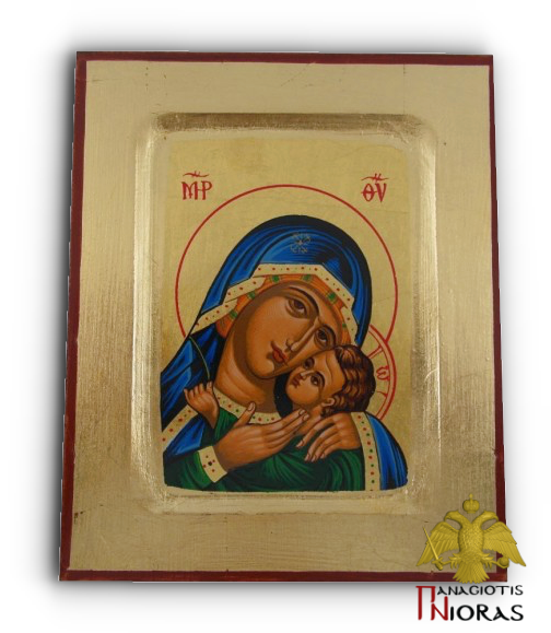Holy Virgin Mary Mersiful Blue Detail Byzantine Wooden Icon on Canvas