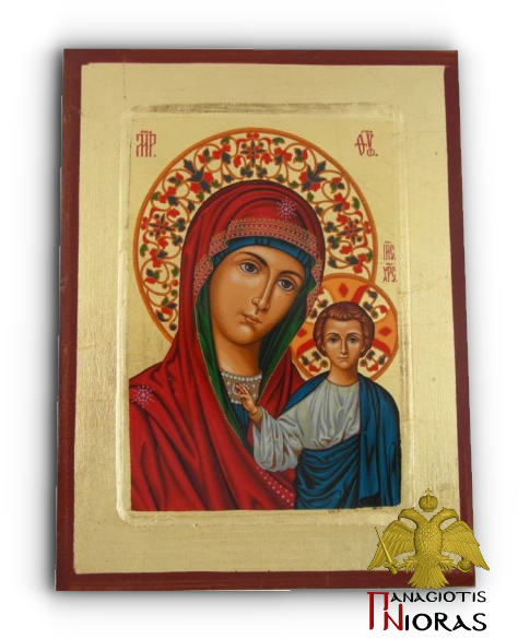 Holy Virgin Mary of Kazan Red Detail Byzantine Wooden Icon on Canvas