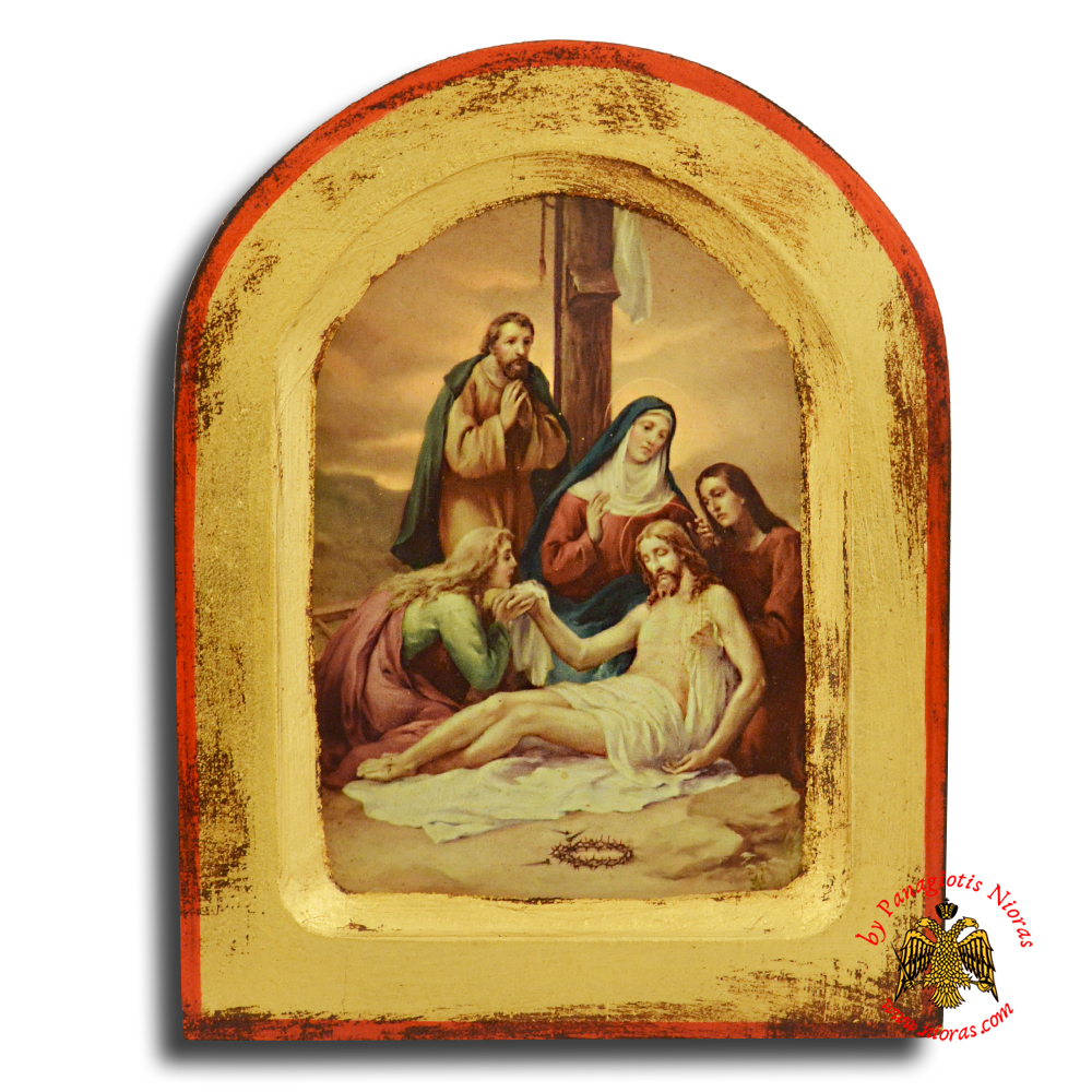 Icon of Station 13 Christ Is Taken Down From the Cross and Laid in the Arms of His Blessed Mother with Round Top