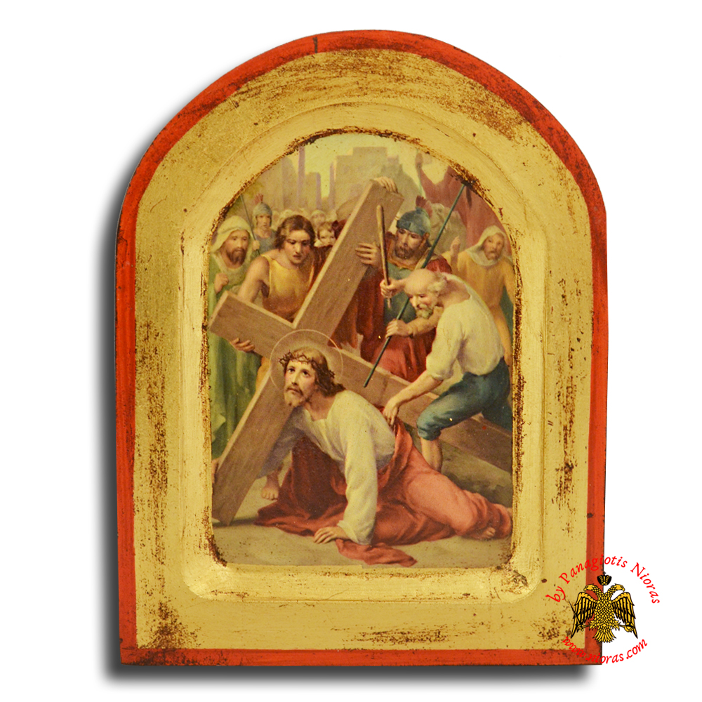 Icon of Station 3 Christ Falls Under the Weight of the Cross for the First Time with Round Top