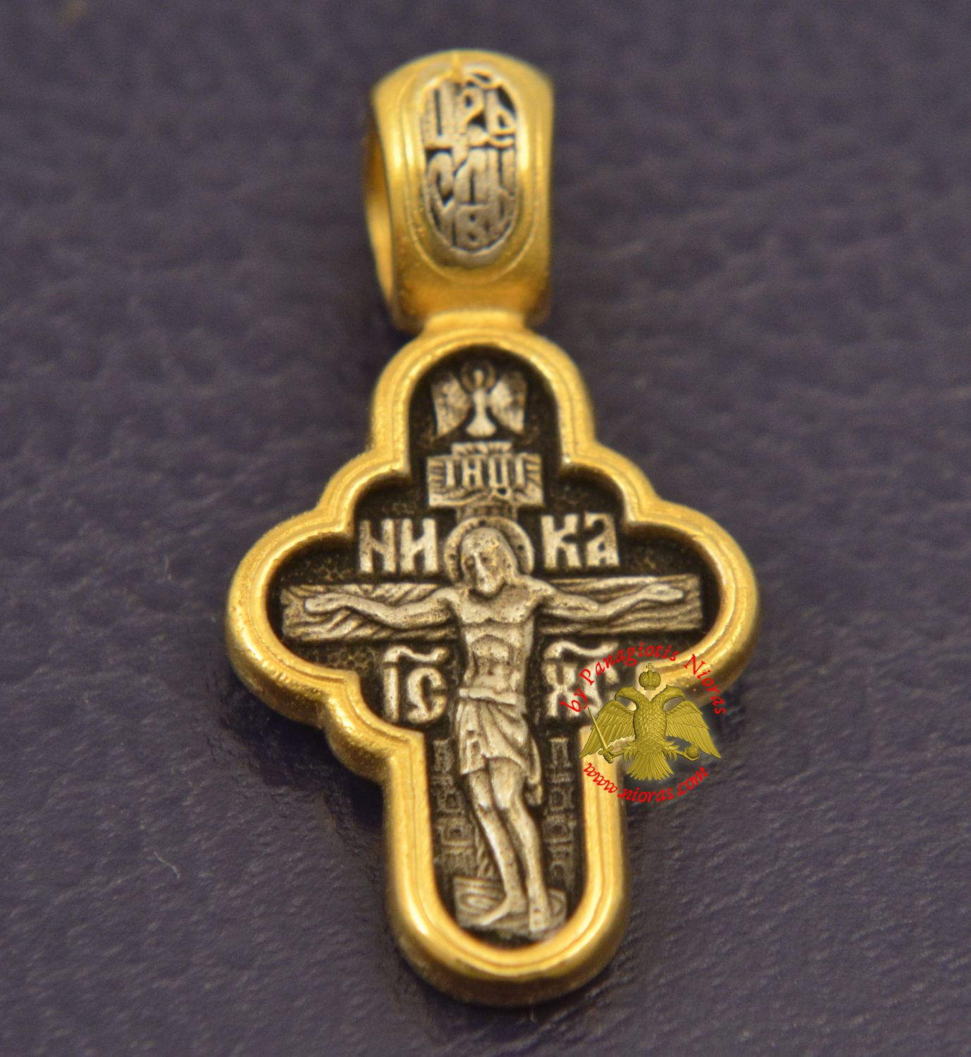 Byzantine Orthodox Cross Motif Christ Theotokos Double Sided Silver 925 Gold Plated for the Neck
