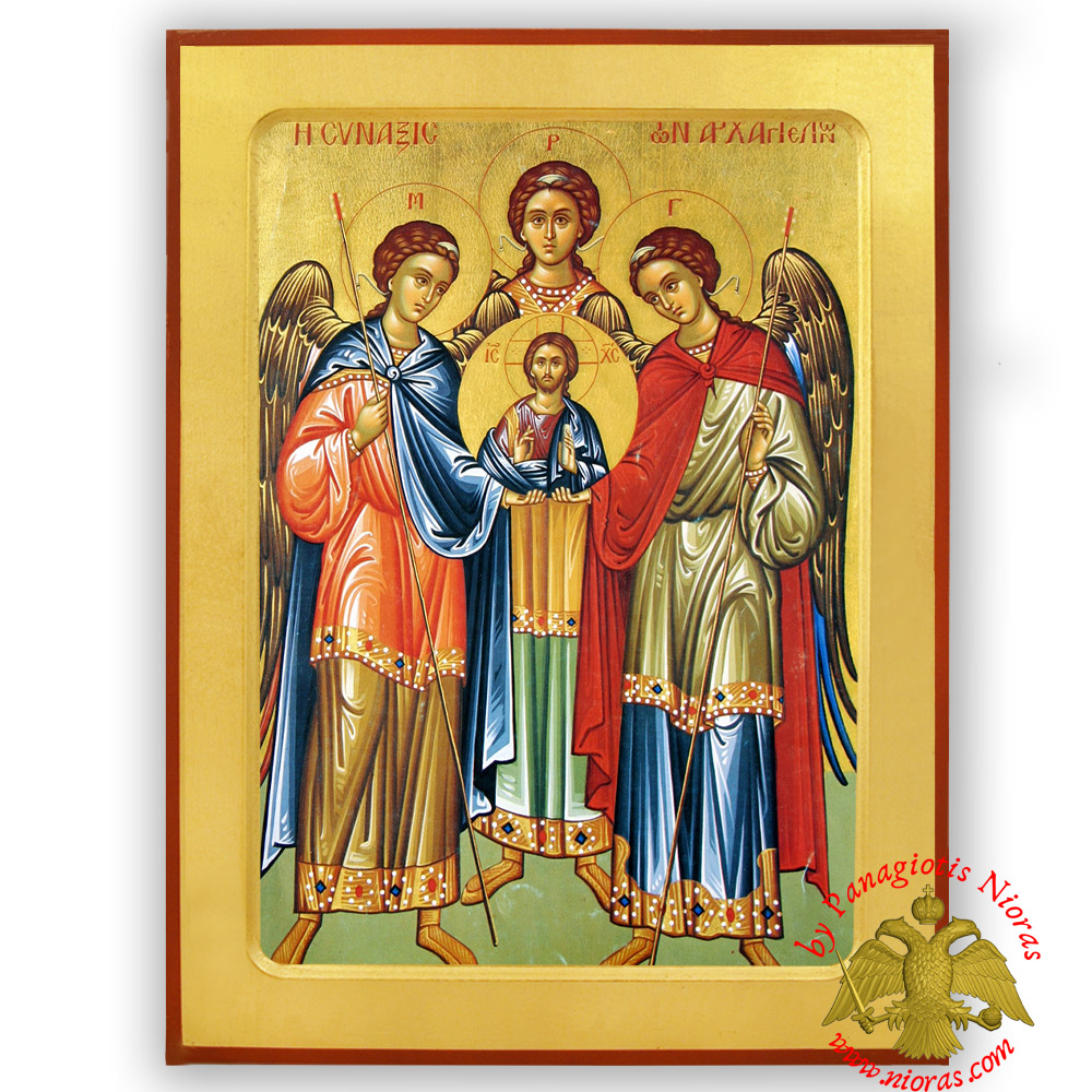 SYNAXIS OF THE HOLY ARCHANGELS MICHAEL, GABRIEL AND RAPHAEL, FULL BODY BYZANTINE WOODEN ICON
