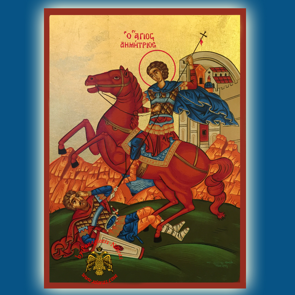 Saint Demetrius of Thessaloniki  on the HorseBack Byzantine Wooden Icon on Canvas