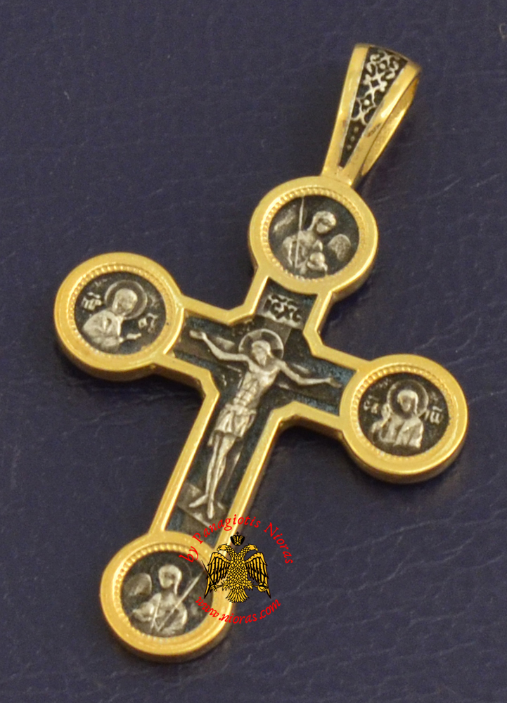 Russian Orthodox Cross Silver 925 Christ, Theotokos and Saints Gold Plated for the Neck