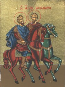 Saints Theodores Tiro and Stratelates Byzantine Wooden Icon on Canvas