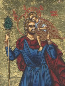 Saint Christopher Byzantine Wooden Icon on Canvas