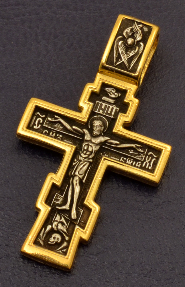 Byzantine Orthodox Cross Christ with Pray Double Sided Silver 925 Gold Plated for the Neck