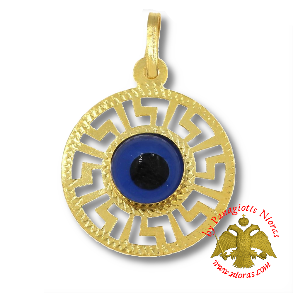 Gold Round Pendant with Meander 14mm and Evil Eye 6mm K14