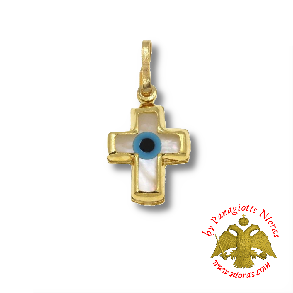 Gold Pendant Cross with Mop-shell Stone 7x9mm K14