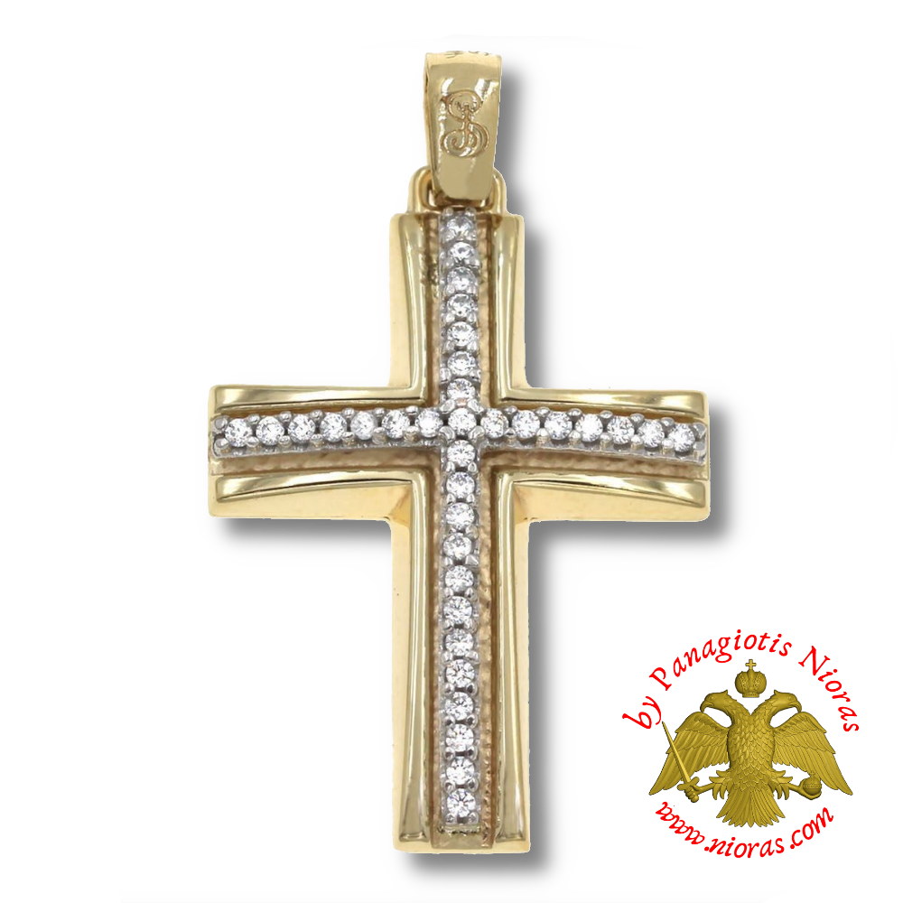 Gold Cross Pendant with Zircon 28x20mm K14