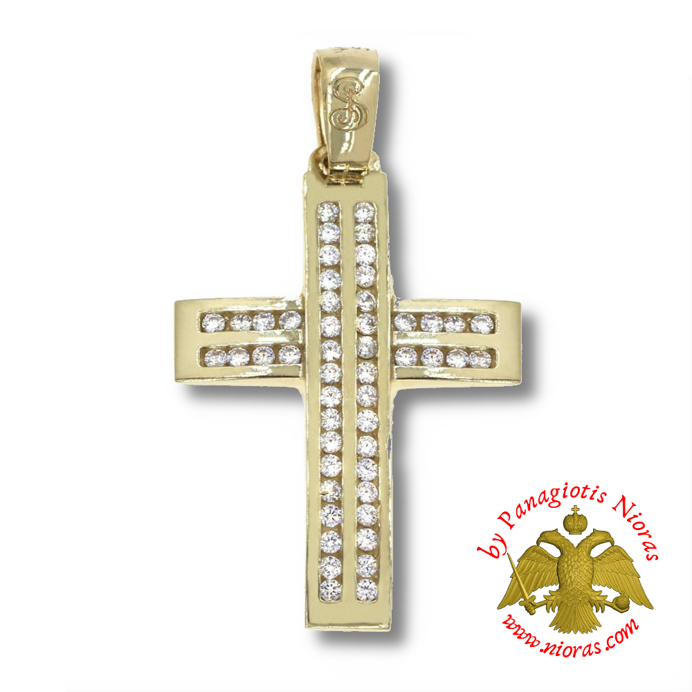 Gold Cross Pendant with Zircon 25x18mm K14