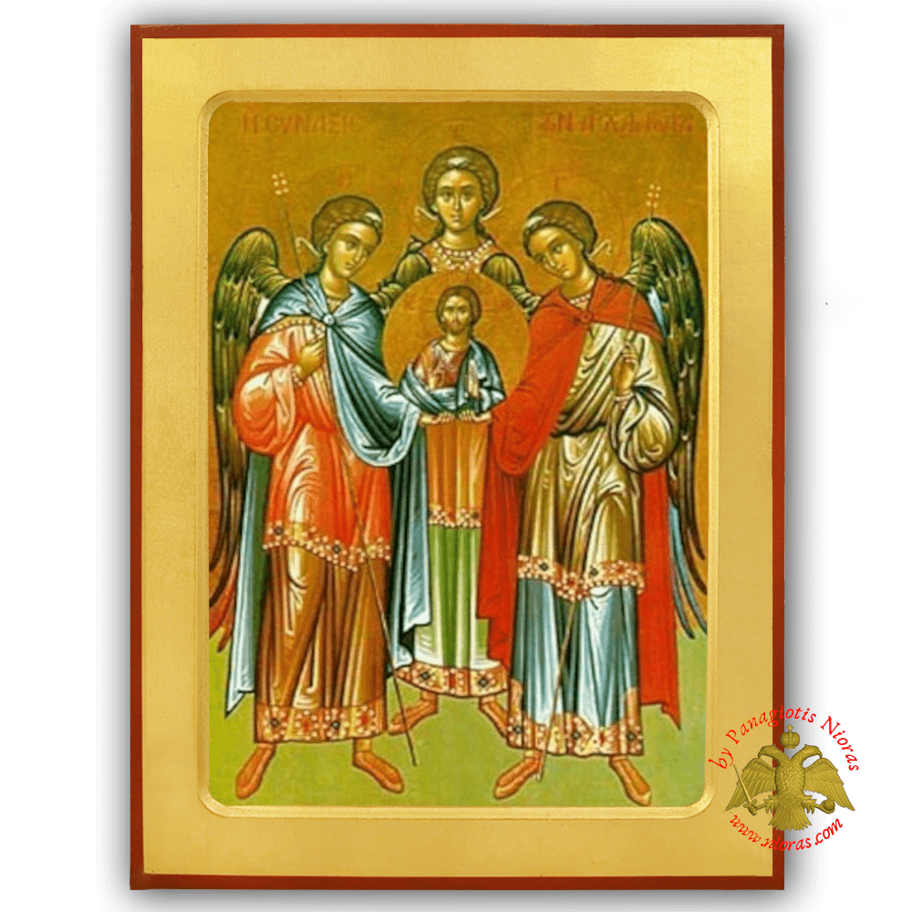 SYNAXIS OF THE HOLY ARCHANGELS MICHAEL, GABRIEL AND RAPHAEL, FULL BODY BYZANTINE WOODEN ICON