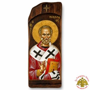 Antique Holy Saint Nicholas Icon in Carved Shape Natural Wood