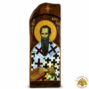 Antique Style Saint Vassilios Icon in Rectangular Shape on Natural Wood