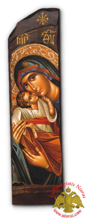 Antique Holy Theotokos Glikofiloussa Icon in Carved Shape Natural Wood