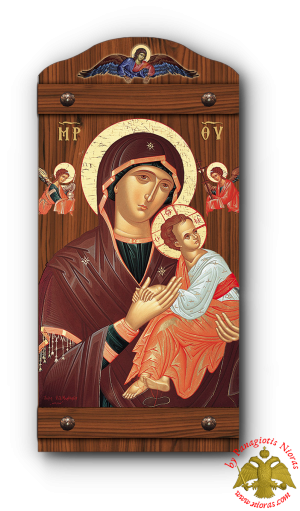 Byzantine Wooden Icon of Holy Virgin Mary Amolyntos With Angel in the TopCenter
