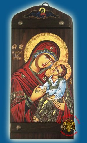 Byzantine Wooden Icon of Holy Virgin Mary of Love With Angel in the TopCenter