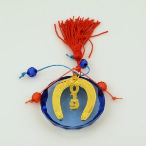 Lucky Charm Horse Shoe Good Luck Wish on Blue Round Crystal with Tassel