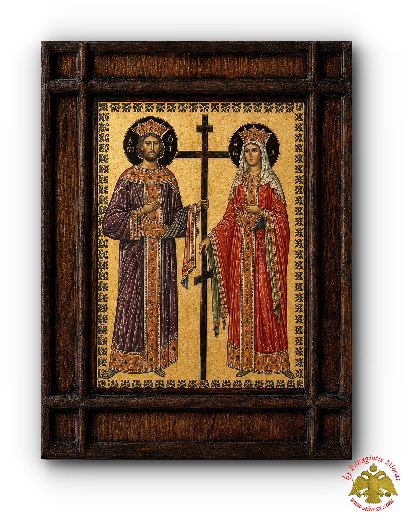 Orthodox Wooden Saints Constantine and Helen Icon with Sticker in the Back 4x6cm